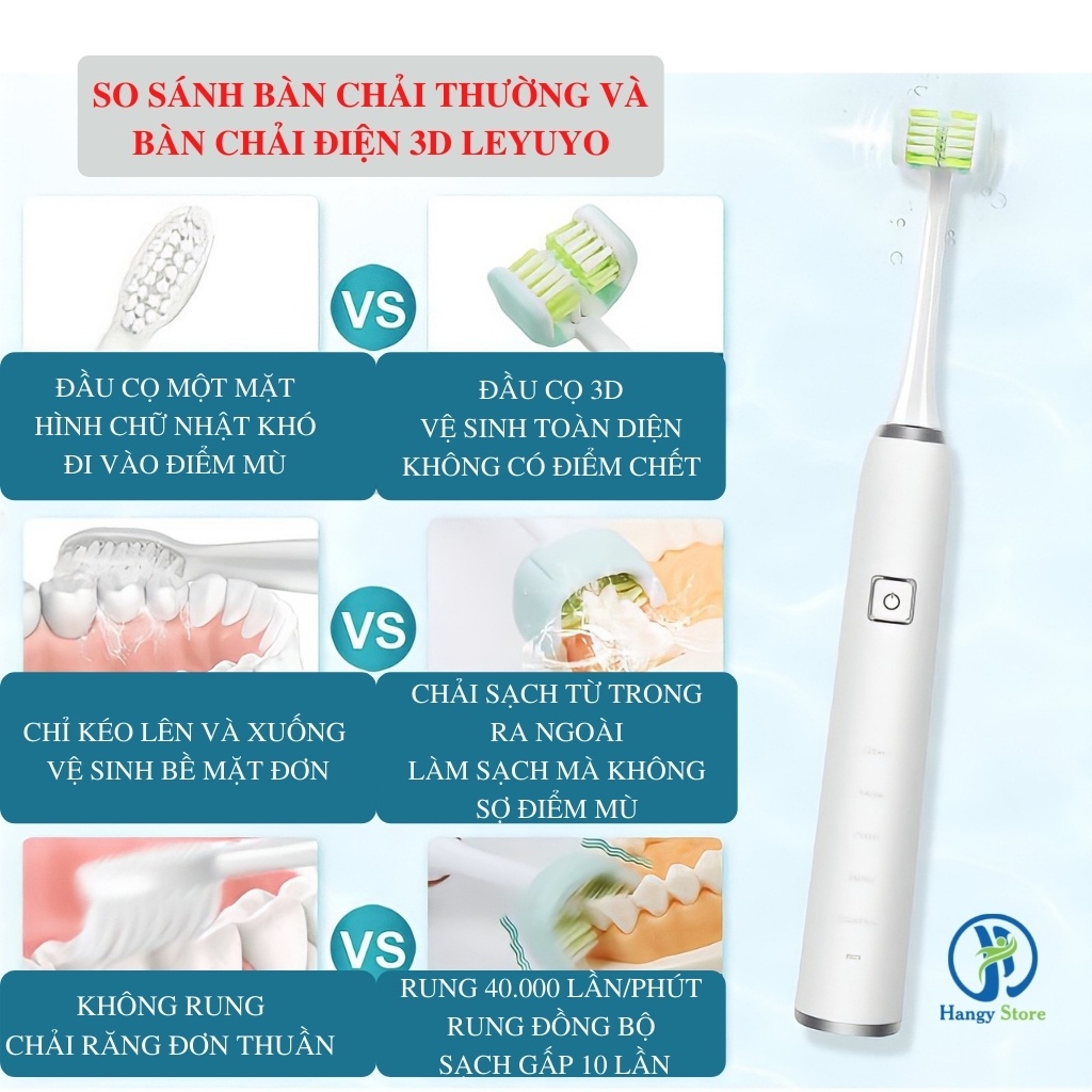 Bàn chải điện đánh răng 3D LEYUYO công nghệ làm sạch mới kèm 4 đầu chải
