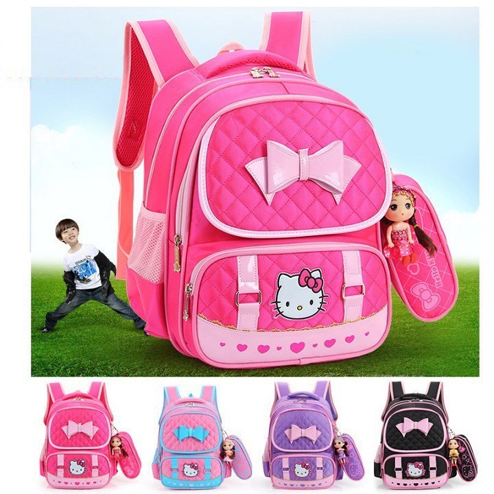 Balo cặp sách đi học tiểu học cho bé gái, balo hình Hello Kitty kèm búp bê và hộp bút dễ thương-Màu đỏ