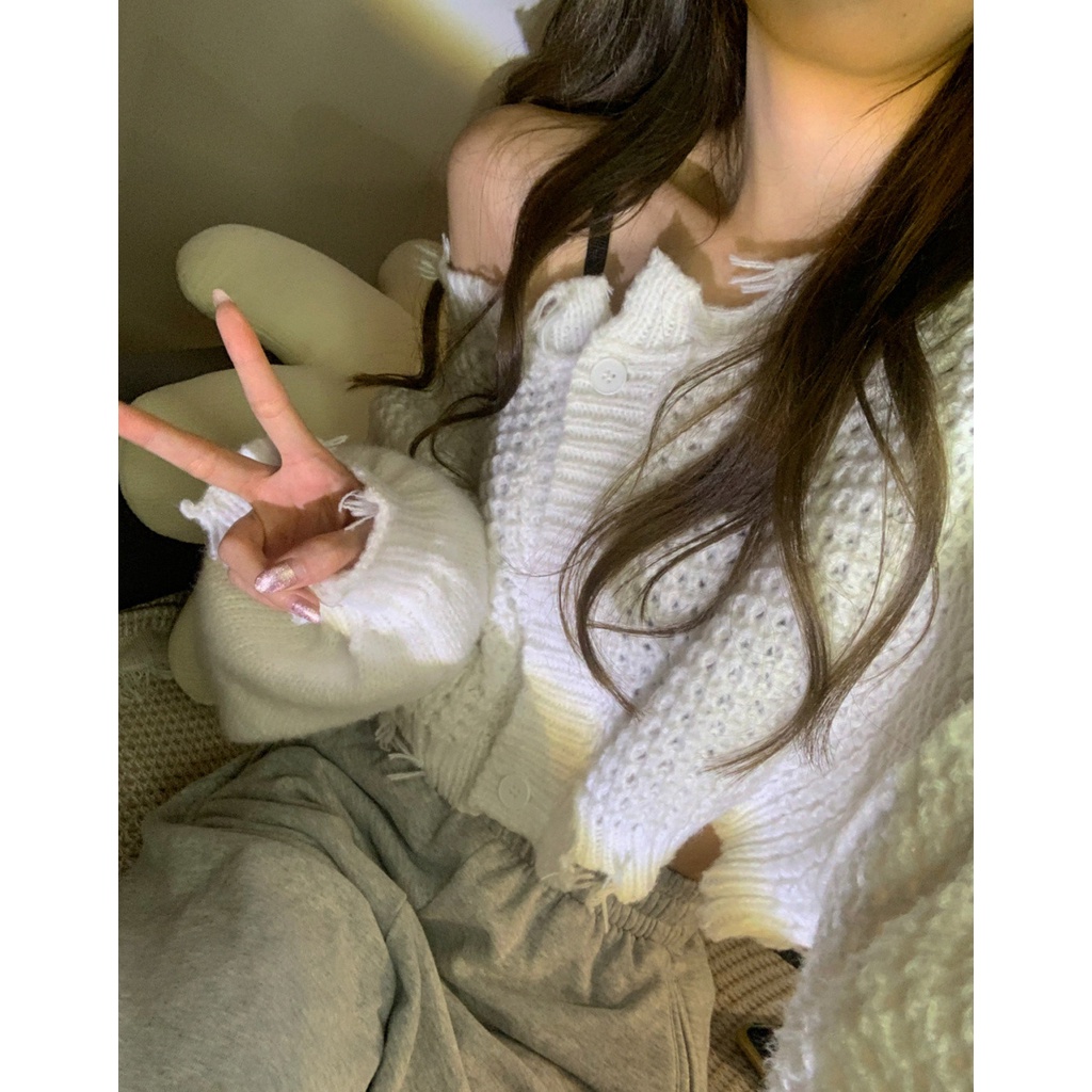 Kumikumi HUANG YOYO Áo cardigan dáng rộng tay dài phồng nhẹ phong cách Hàn Quốc thời trang cho nữ