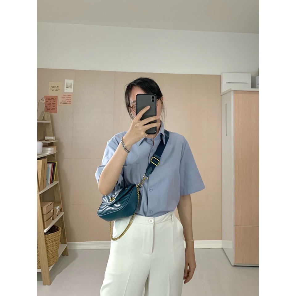 Áo sơmi Freesize tay ngắn chất liệu Kate dày dặn có túi phong cách Hàn