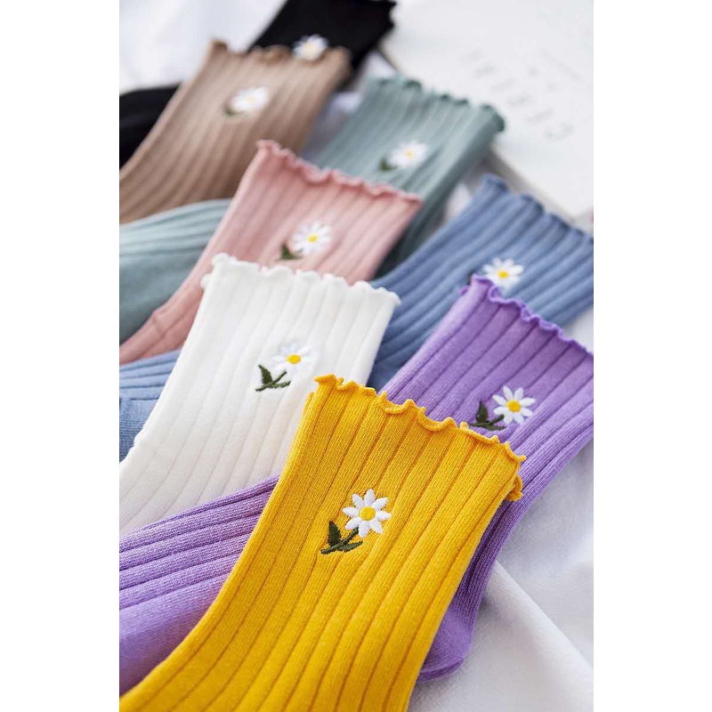Set 5 đôi tất cổ cao Bivota vớ nữ cổ bèo thêu hoa cúc phong cách Hàn Quốc nhẹ nhàng T22