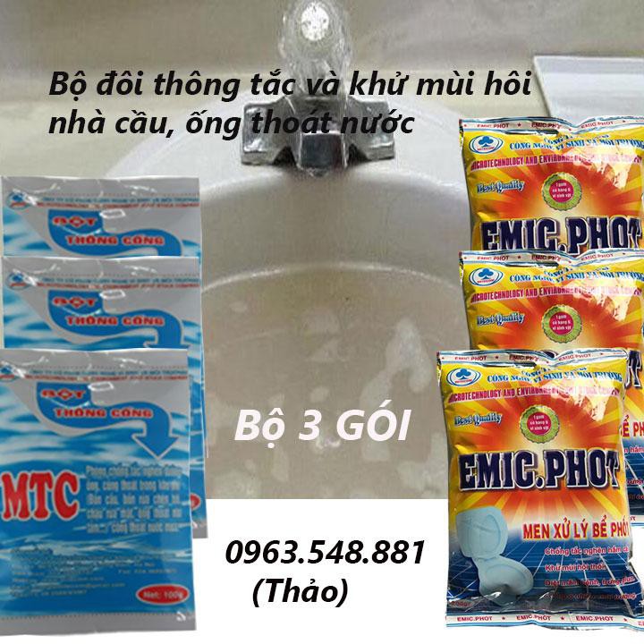 Combo 3 gói bột thông cống MTC gói 100gr + 3 gói Emic.Phot. Combo giúp nhà tắm, bồn cầu thông thoáng, thơm mát. Gói 200g