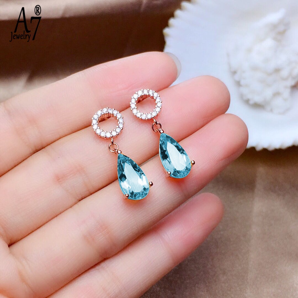 Bông tai mạ bạc 925 đính đá Topaz xanh dương phong cách