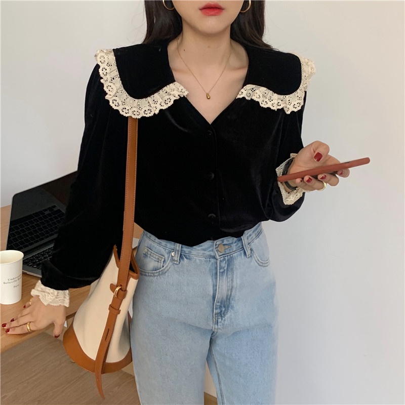 Áo nhung SUXI tay dài cổ chữ V phối ren phong cách cổ điển Hàn Quốc