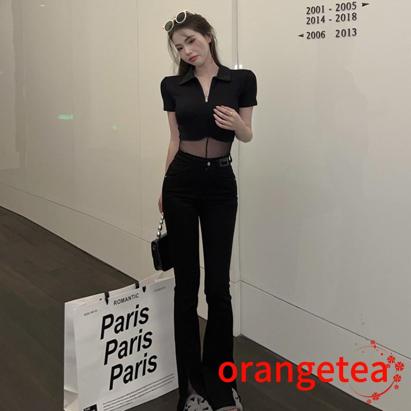 ORT-Women Attractive Sheer Bodysuit, Black Solid Color Quarter Zip Turn-down Neckline Romper | BigBuy360 - bigbuy360.vn