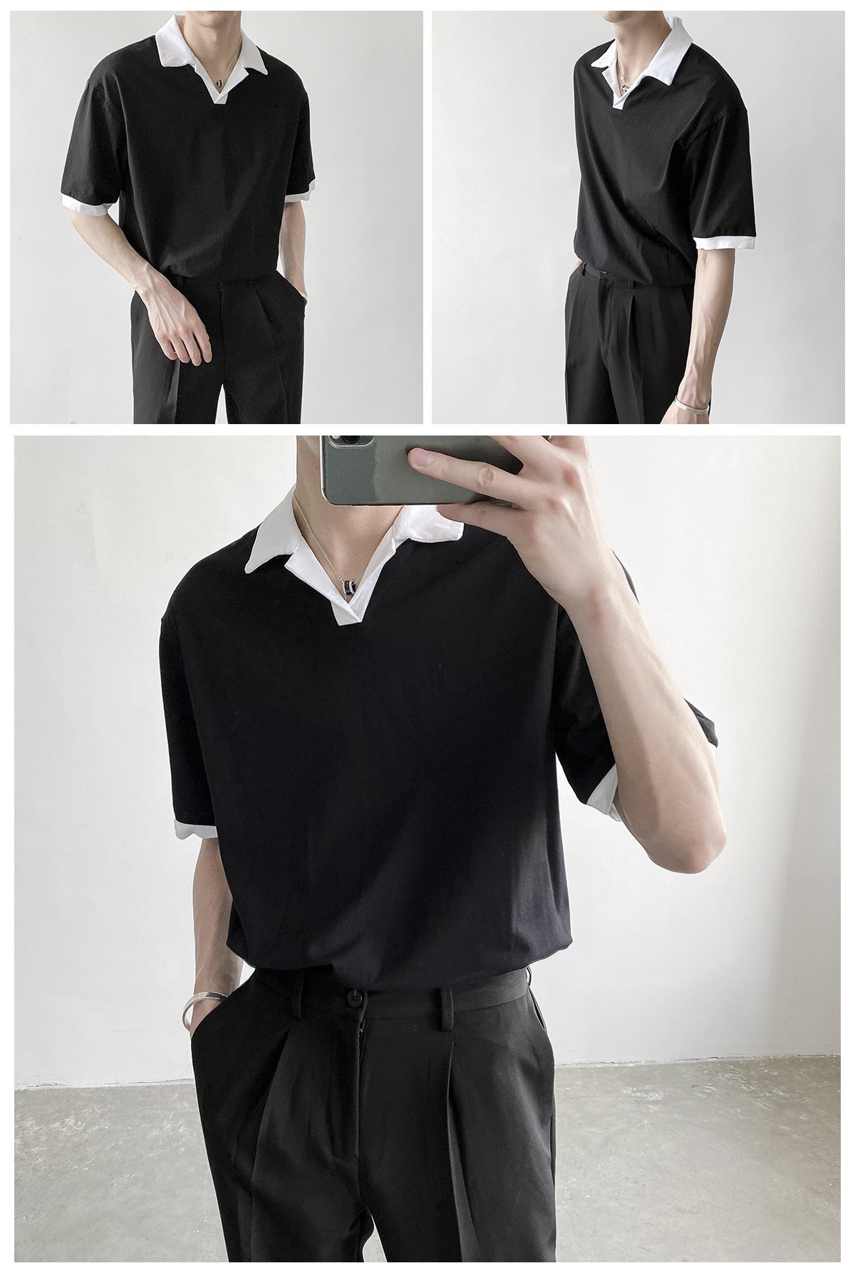 Áo thun trơn nam cổ vest trắng đen fom rộng unisex | BigBuy360 - bigbuy360.vn