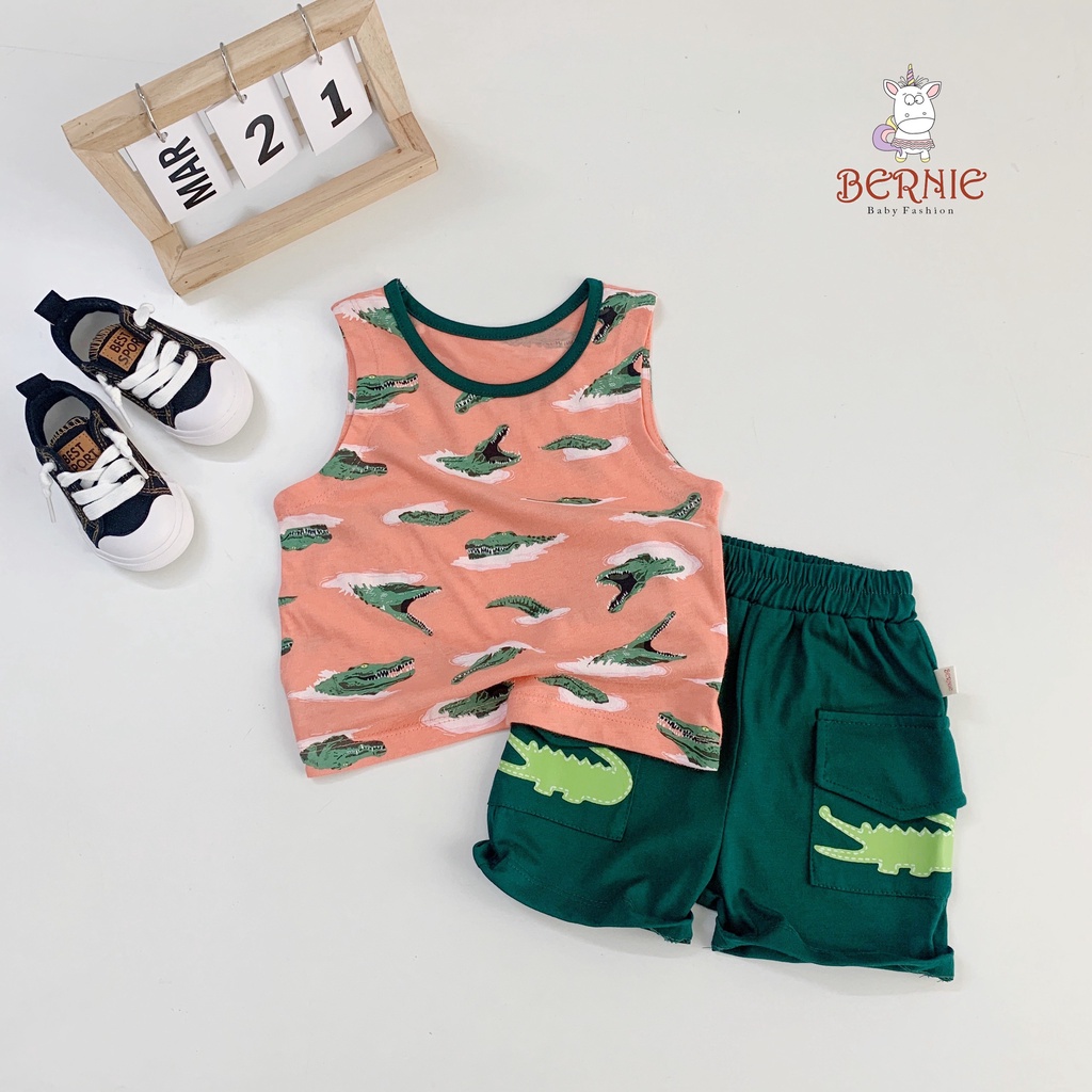 Bộ ba lỗ bé trai hoạ tiết cá sấu, bộ 3 lỗ cotton mềm mát