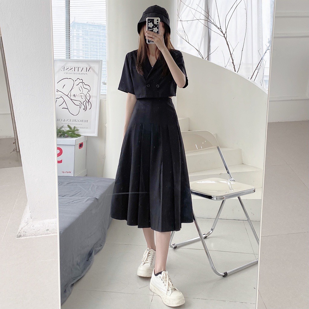 Chân váy xếp ly dài ullzang váy xếp li xòe dài kiểu váy midi cạp cao phong cách công sở Banamo Fashion 5346
