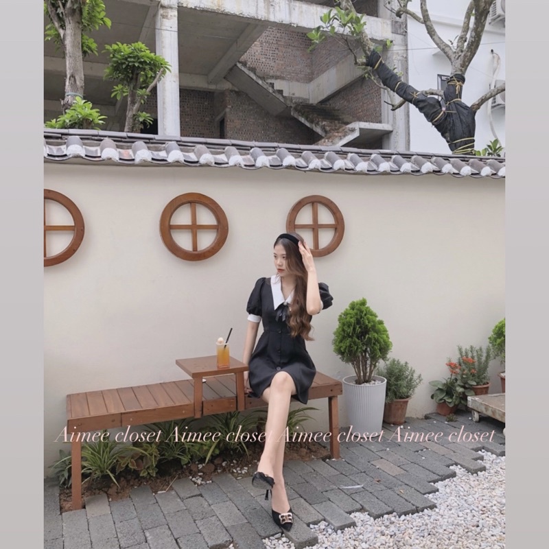 Đầm váy công sở màu đen dáng ngắn cổ nơ trắng hoạ tiết cúc dọc sang chảnh Aimee closet