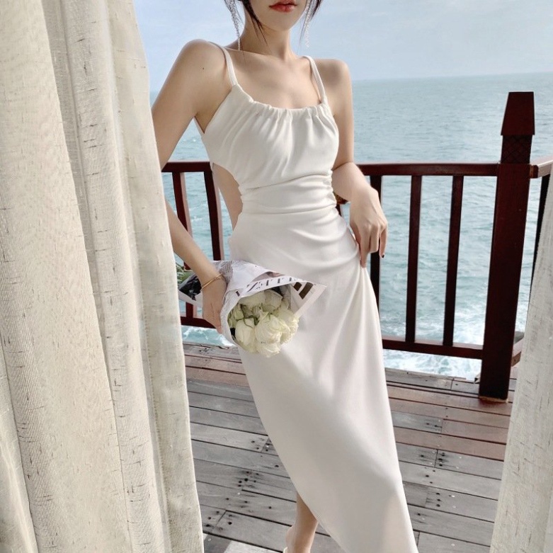 Váy đi biển trắng LUHAZO cổ yếm maxi body sexy đi tiệc  nữ đẹp 2 dây dáng dài bigsize  Hàn Quốc hở lưng  1072 DK5T403