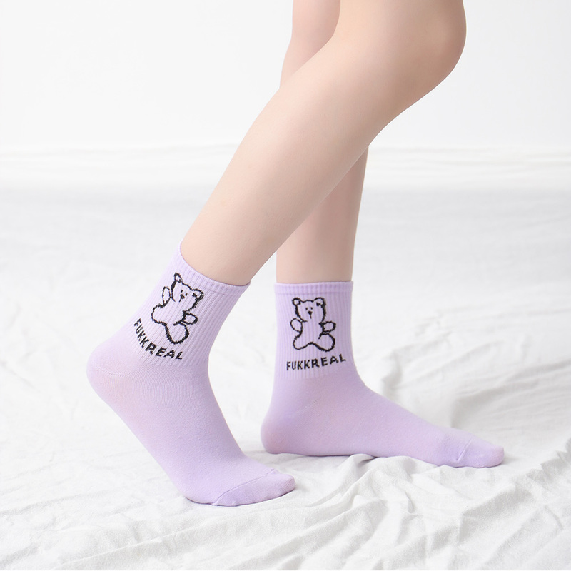 [ Ready Stock ] Japanese Style Cartoon Bear Soft Middle Tube Socks/ Cute Bear Cotton Sports Socks/ Candy Color Casual Breathable Stocking