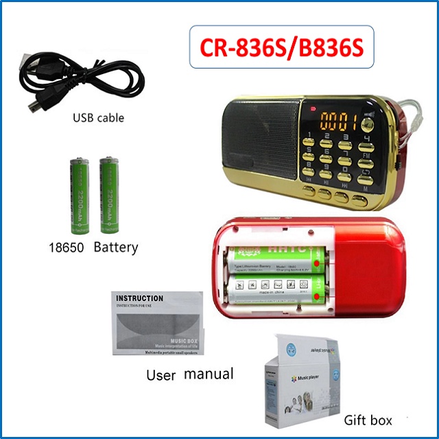 Loa máy nghe nhạc đa năng CRAVEN CR836S nghe kinh pháp mini đài FM đèn Pin flash 2 pin 2200mAh - khe thẻ nhớ - 3W