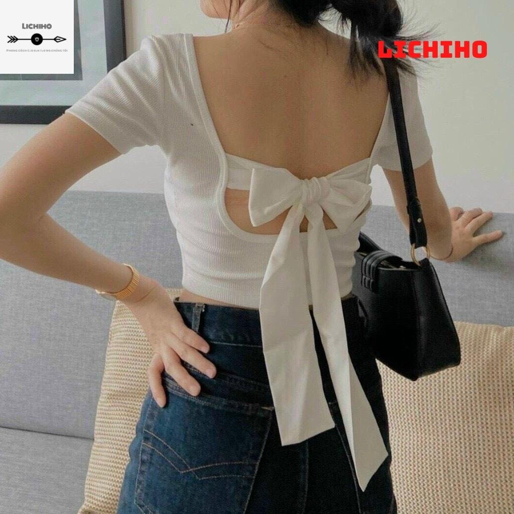 Áo croptop cổ vuông buộc nơ sau lưng CT10 LICHIHO áo thun nữ mềm mịn quyến rủ