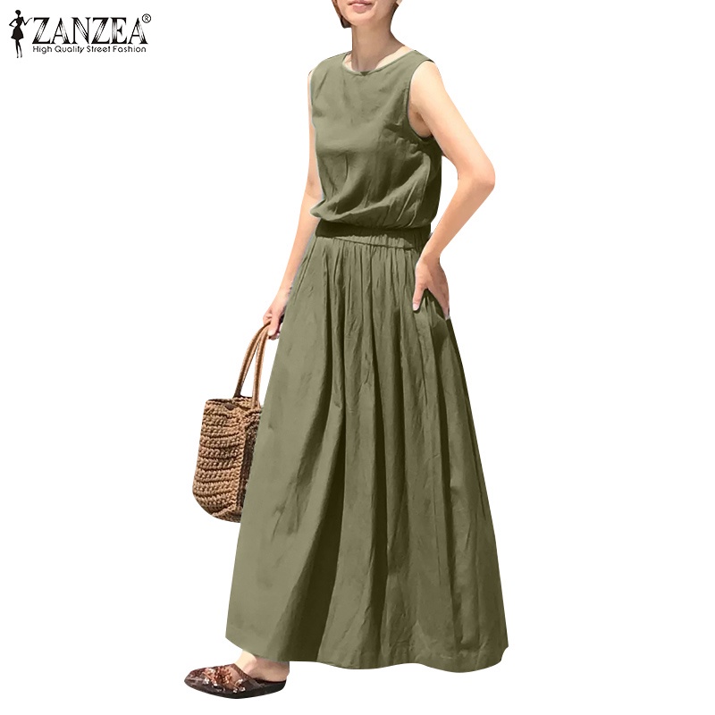 Đầm ZANZEA sát nách cổ tròn eo đàn hồi màu trơn phong cách Châu Âu đơn giản dành cho nữ