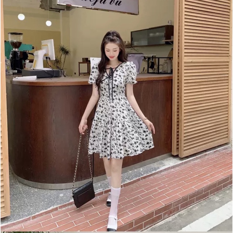 Váy hoa nhí tiểu thư cổ chữ V ulzzang phong cách retro họa tiết cá tính chất liệu cao cấp