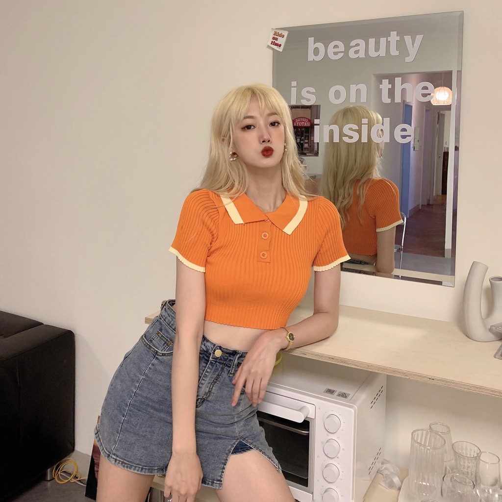 Cocory vn  Áo Croptop Dệt Kim Tay Ngắn Dáng Ôm Thời Trang Mùa Hè Dành Cho Nữ