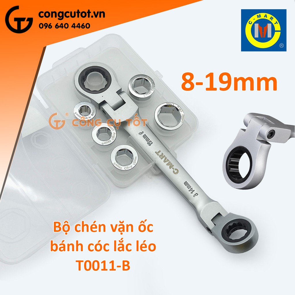 Bộ cờ lê lắc léo tự động 2 đầu vòng kèm 5 đầu lục giác rời C-mart T0011-B 8-19mm