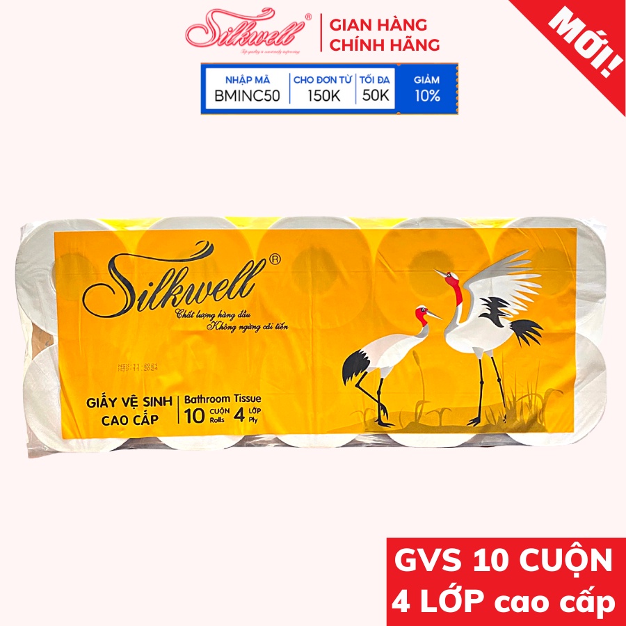 Giấy vệ sinh Silkwell Sếu 10 cuộn 4 lớp có lõi hàng cao cấp, giấy vệ sinh siêu mềm mịn không tẩy trắng chính hãng