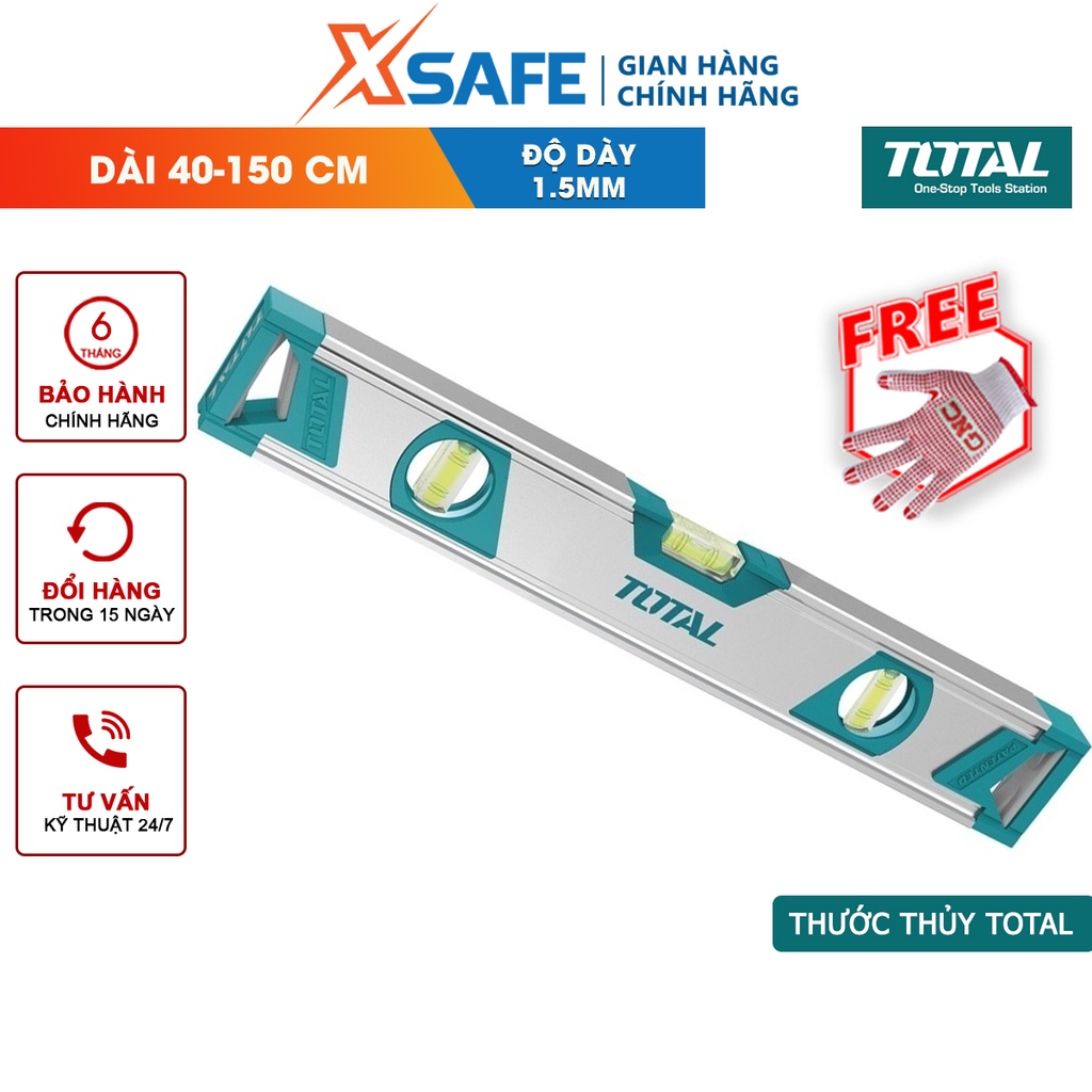Thước thủy có từ TOTAL 2 nam châm mạnh mẽ, chiều dài 40-150cm, độ dày thanh nhôm 1.5mm - chính hãng