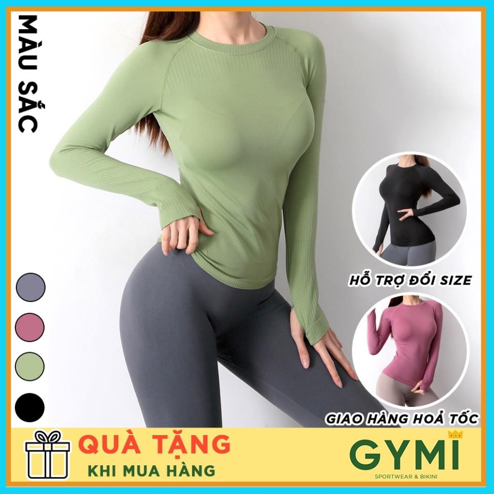 Áo tập gym yoga nữ dài tay GYMI AD21 dáng thể thao dài phủ bụng chất dệt kim dày dặn co giãn ⚠️ '