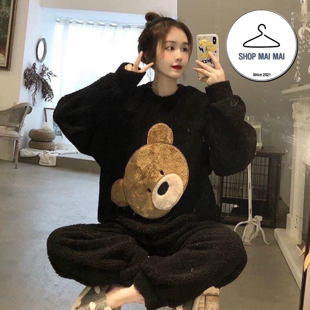 Bộ Quần Áo Ngủ Nữ Gấu Lông 2 Mặt Dễ Thương Mặc Mùa Đông Siêu Ấm Áp | BigBuy360 - bigbuy360.vn