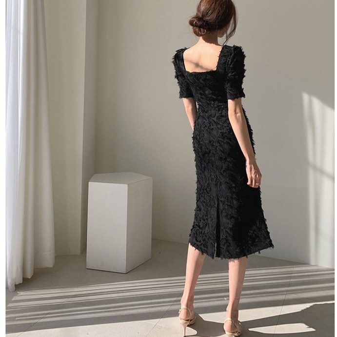 Đầm chữ A cổ chữ vuông ren tua, 2 lớp đẹp, thích hợp dự tiệc LXK77070 | BigBuy360 - bigbuy360.vn