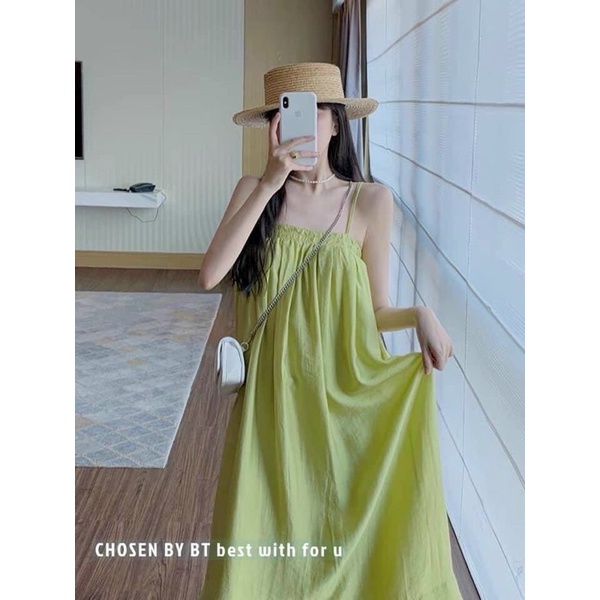 Đầm Dạo Phố, Đi Chơi Xoè Nữ Hai Dây + Turban Cột Tóc Dáng Dài Sang Chãnh Vải Lụa Đũi