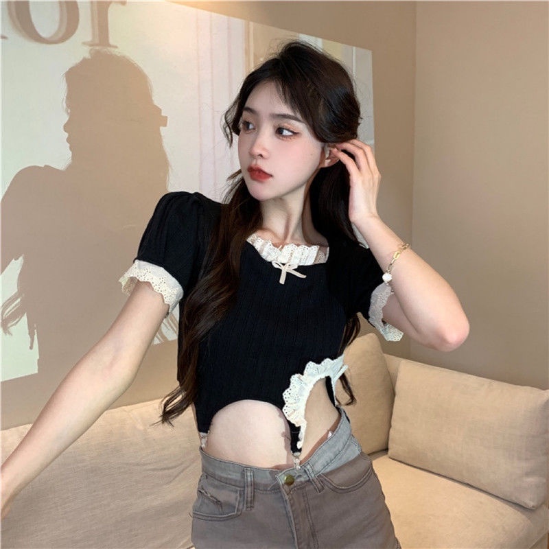 Áo Thun Eo Cao Thiết Kế Ren Thời Trang Mùa Hè Nhẹ Nhàng Thông Dụng Cho Nữ