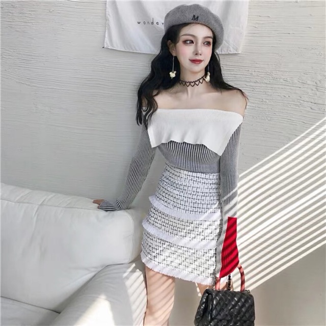 Set áo len trễ vai+ cv sọc ôm