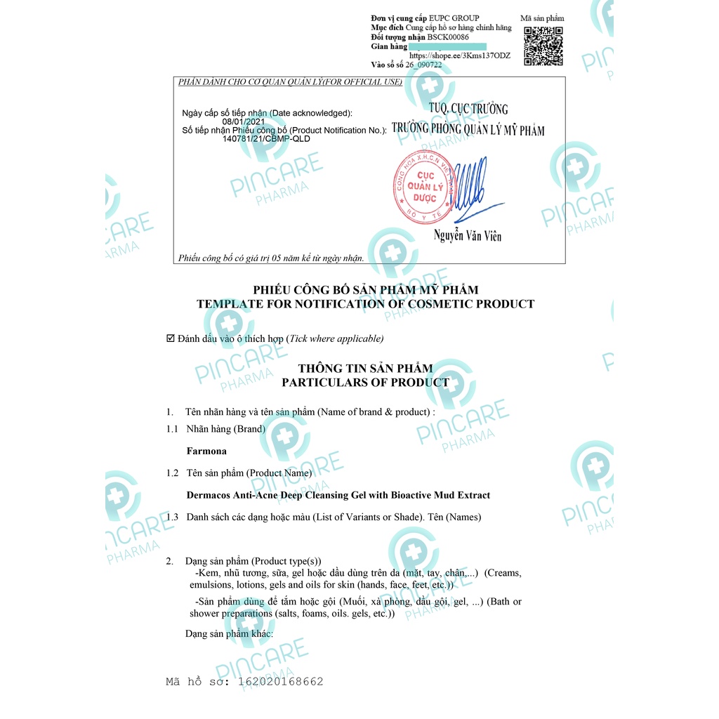 Sữa rửa mặt Dermacos cho da dầu mụn, Dermacos Farmona  Anti Acne Deep Cleansing Gel 150ml - Nhà thuốc PinCare