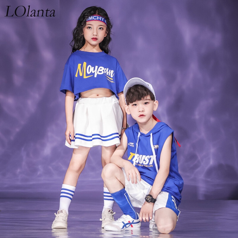 Bộ Trang Phục Nhảy Hip Hop Gồm Áo + Chân Váy Ngắn Phong Cách Hip Hop Cho Bé 4-16 Tuổi