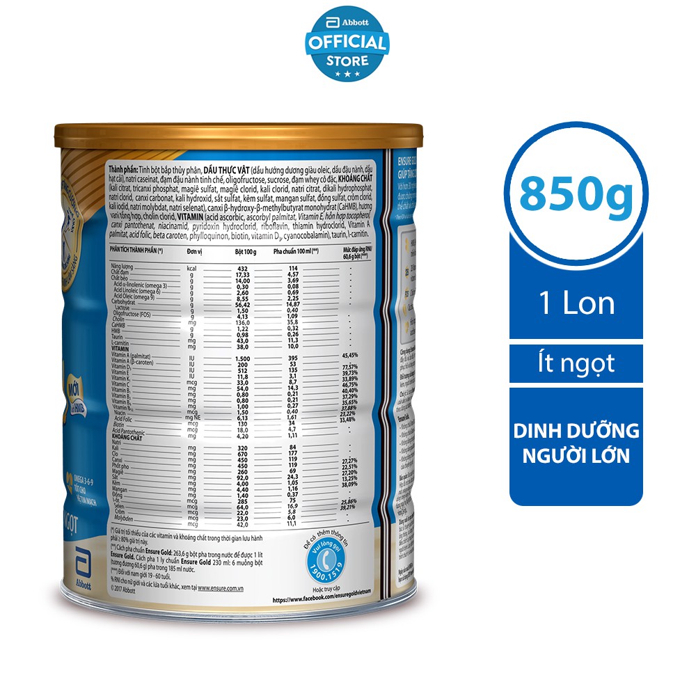Sữa bột Ensure Gold Abbott ít ngọt (HMB) 850g