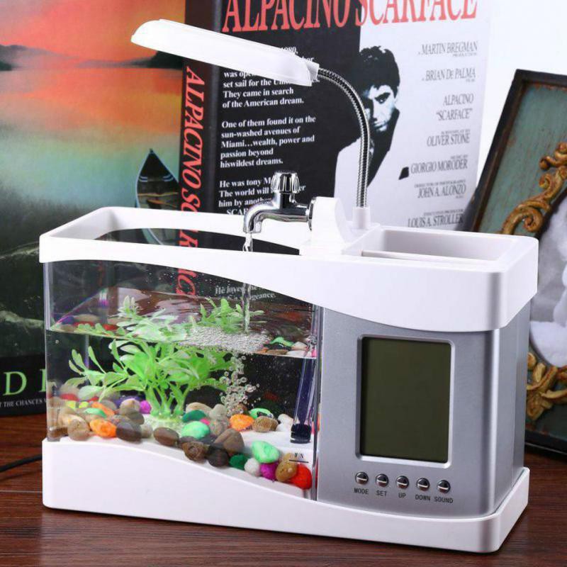 Bể cá mini để bàn 3 in 1 đồng hồ, đèn, lọc bơm tặng kèm cây & sỏi