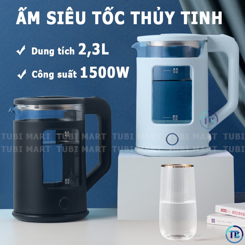 Ấm Siêu Tốc Thủy Tinh Giữ Nhiệt - Bình Đun Nước Ấm Đun Nước Siêu Tốc Cách Nhiệt Kép 2,3L 1500W - TB033
