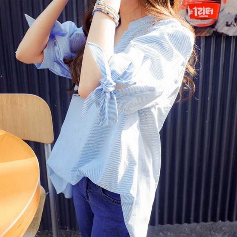 FREESHIP ĐƠN 99K_ Áo Kiểu Tay Ngắn Hoạ Tiết Kẻ Sọc Thêu Cho Phái Nữ