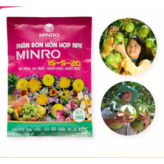 MINRO 15-5-20 200gram Phân bón hỗn hợp Ra hoa, Ra Trái - Nuôi hoa, nuôi trái