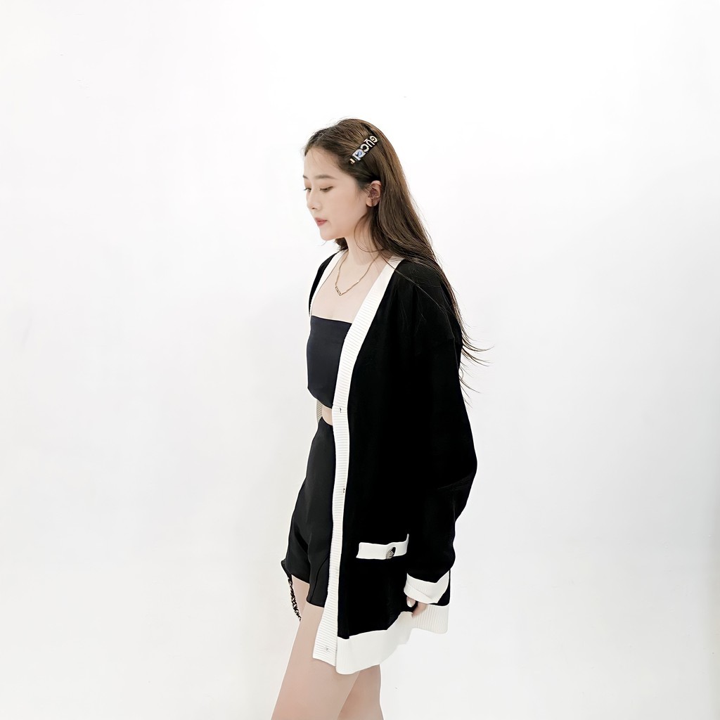 TINGOAN® - Áo khoác len xù cardigan đen viền trắng SWEETEST CARDIGAN/BL