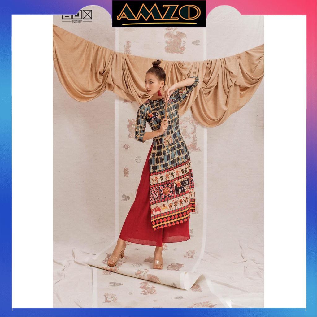 Áo Dài Nữ, Áo Dài Cách Tân Họa Tiết Thổ Cẩm Nhiều Màu Chất Lụa Cao Cấp Hàng Thiết Kế Form Dáng Chuẩn.