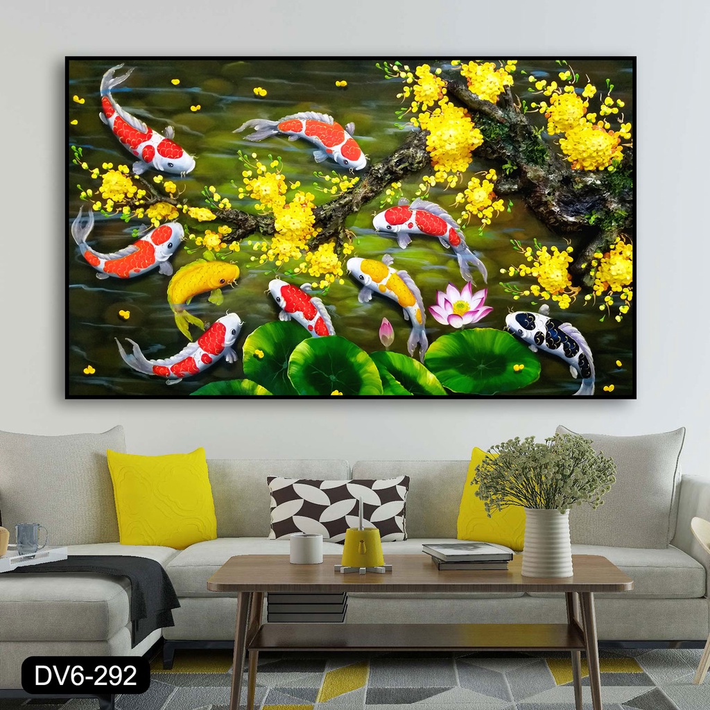 TRANH TẾT-Tranh canvas treo tường cửu ngư bên hoa mai DV - 80 x 50 cm