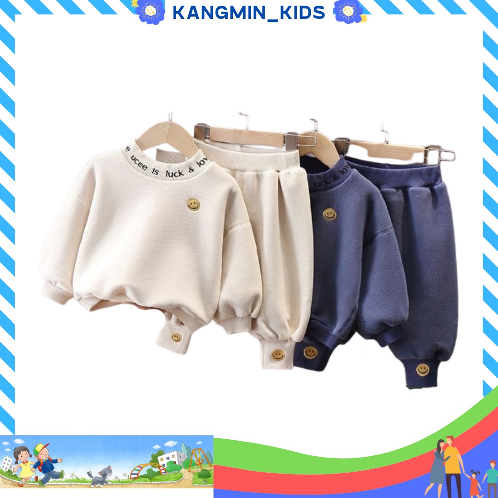 Bộ ni bông cho bé KANGMIN KIDS, bộ nỉ bé trai bé gái cổ chui mặt cười cho bé từ 6kg - 27kg Mã MC001