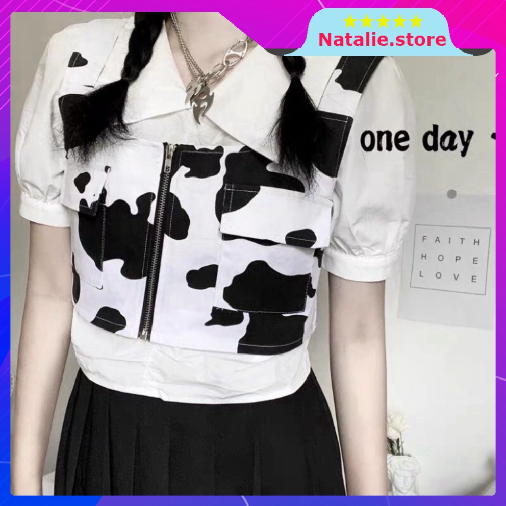 ÁO CROPTOP GILE DÁNG BA LỖ HỌA TIẾT BÒ SỮA KHÓA KÉO ULZZANG - Áo khoác gile croptop bò sữa - Natalie.store