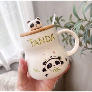 cốc sứ panda có nắp và thìa.