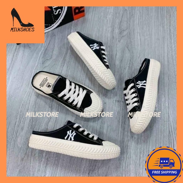 Giày sục thể thao nữ thêu chữ N- sục bata đạp gót buộc dây đế bánh mì 3cm đi làm đi chơi đi du lịch.