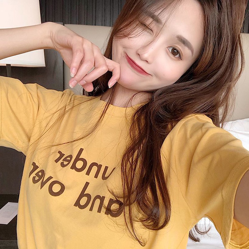 Áo thun IELGY cổ tròn ngắn tay dáng rộng in chữ phong cách Hàn Quốc thời trang hè cho nữ