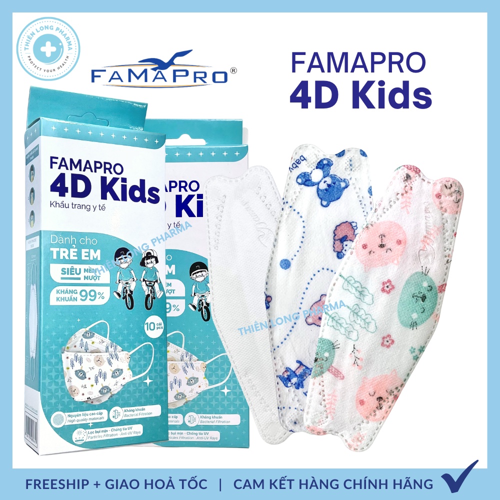 [Hộp 10 cái] Khẩu trang trẻ em KF94 4D Famapro hoạ tiết dễ thương dành cho bé 3 đến 10 tuổi
