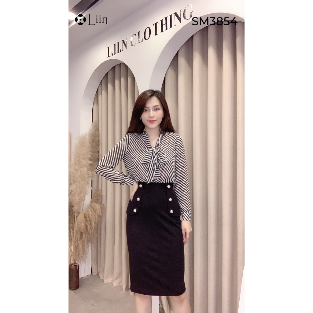 Áo sơ mi Kẻ mix Cổ Nơ ziczac dài tay kiểu dáng trẻ trung, dễ phối đồ Liin Clothing SM3854