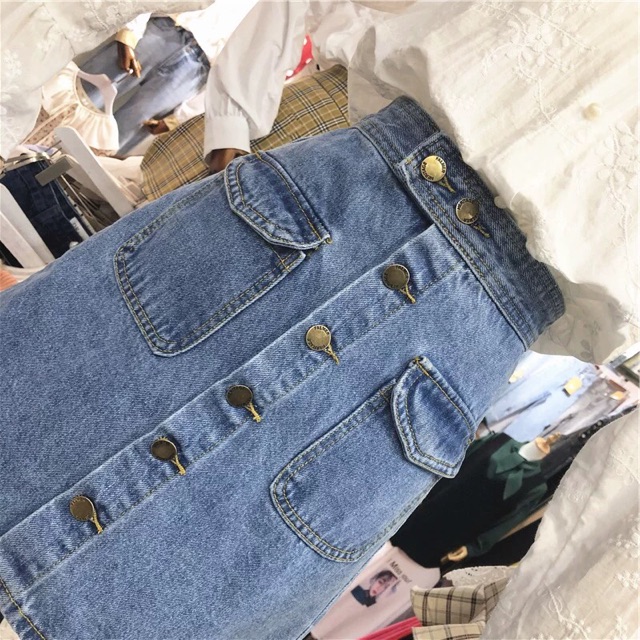 (Order) Có bigsize - Chân váy chữ A jeans cài cúc dọc phối 2 túi trc