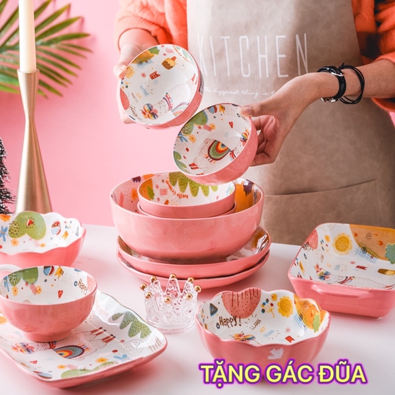 Bát Ăn Cơm Đĩa SứTẶNG GÁC ĐŨA Bộ Chén Dĩa Sứ Dễ Thương Cute Bát Đĩa Lạc Đà hồng Decor Cao Cấp (set 10 sản phẩm)