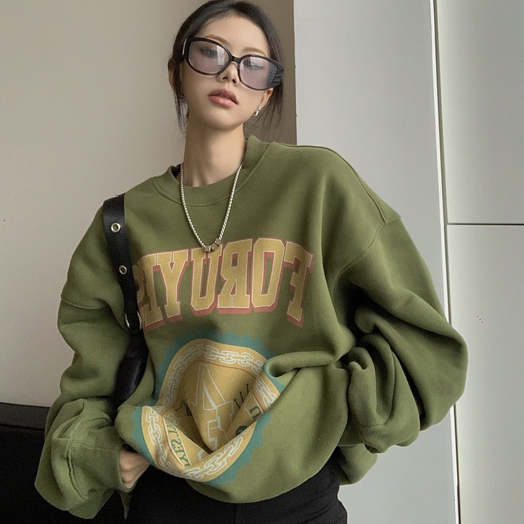 Áo sweater Lót Nhung Họa Tiết Trái Bơ Màu Xanh Lá Phong Cách Hàn Quốc Thời Trang Cho Nữ