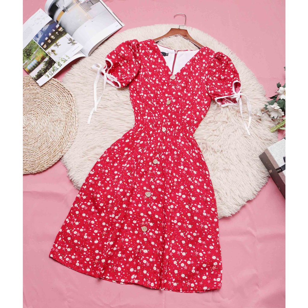 Đầm đỏ xòe hoa nhí vintage thiết kế công sở tay ngắn xinh thời trang bánh bèo đi làm đi chơi eo tôn dáng – Lux W